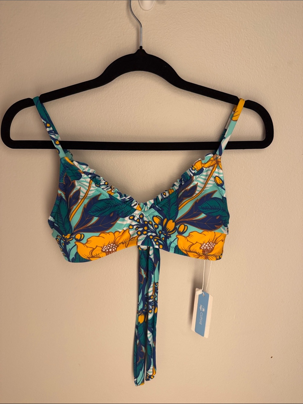 Cupshe Teal & Yellow Floral Tie-Front Bikini Top